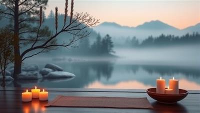 A serene virtual wellness retreat scene with calming nature visuals, soothing music, and virtual candles, creating a peaceful and relaxing ambiance for mindfulness practices and meditation sessions, embodying the essence of ZenEscape's virtual wellness experiences.