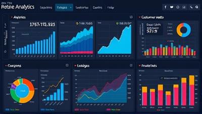 A visually engaging data visualization dashboard displaying real-time online retail analytics, with graphs, charts, and customer segmentation data, illustrating the power of data-driven insights in optimizing e-commerce operations and driving business growth, creating a visually dynamic representation of data analytics consulting for online retailers.