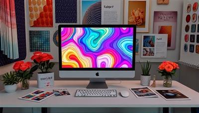 An artistic visualization featuring a digital workspace with a designer creating a vibrant fabric pattern on a computer screen, surrounded by textile swatches and design inspirations, illustrating the creative process and customization options available at PixelWeave Studio.
