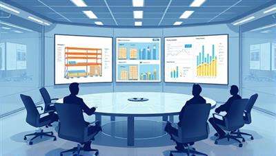 An illustration of a virtual meeting room with digital screens displaying warehouse layouts and data analytics, symbolizing the innovative and remote nature of the consultancy service.