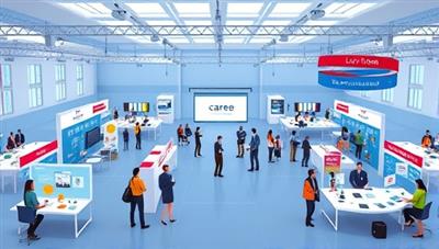An animated graphic showcasing a virtual career fair environment with booths, networking lounges, and live chat rooms, illustrating the dynamic and interactive nature of the platform.