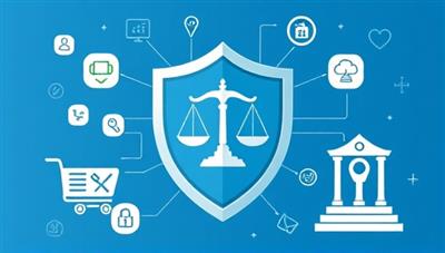 An illustration of a shield with legal symbols representing protection and compliance, surrounded by icons of e-commerce platforms and data privacy laws, symbolizing security and regulatory adherence in online businesses.