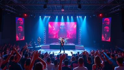A virtual reality concert setting with a stage, crowd, and lighting effects, showcasing a live performance by a virtual artist with virtual attendees dancing and enjoying the immersive music experience, capturing the energy and excitement of virtual reality concerts.