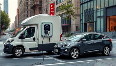 A mobile charging vehicle parked next to an electric car on a bustling city street, with a futuristic charging station extending from the vehicle to the car, symbolizing convenience and energy efficiency.