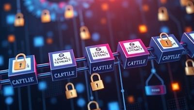 An innovative blockchain concept visualization with interconnected blocks representing legal contracts in a digital chain, secured by cryptographic keys and surrounded by digital padlocks and legal symbols, highlighting the transparency and security of blockchain-based legal contracts platform.