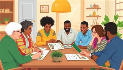An image illustrating a diverse group of neighbors gathered around a table, discussing real estate investment opportunities and reviewing property listings, showcasing the collaborative and community-driven nature of NeighborInvest Networks.