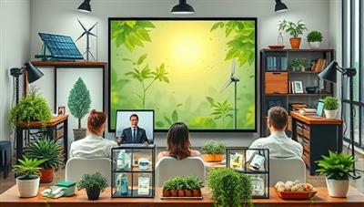 An inspiring visual of a virtual sustainable living workshop, with participants discussing eco-friendly practices in a digital setting, surrounded by images of renewable energy sources, zero-waste products, and lush greenery, conveying a sense of community and environmental stewardship.