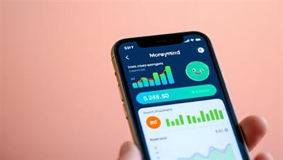 An illustration of a smartphone screen displaying the MoneyMind AI app interface, with colorful graphs showing financial insights and a friendly AI character providing tips, symbolizing smart financial management on the go.
