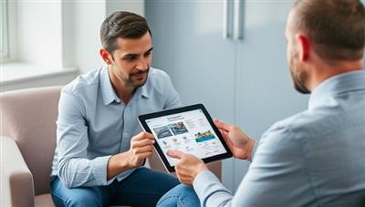 A professional coach conducting a one-on-one coaching session with a client, reviewing investment strategies and property portfolios on a digital tablet, reflecting the personalized guidance and expert advice provided by InvestWisely Coaching to empower clients in their real estate investment journey.