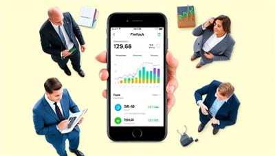A smartphone screen displaying the FinTrack Insights app interface with colorful graphs and financial data, surrounded by business professionals using the app in various settings, illustrating real-time financial analysis and decision-making convenience.