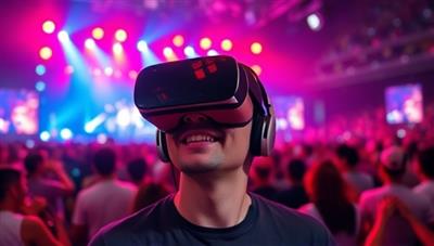 An immersive virtual reality scene showcasing a user wearing VR headset, surrounded by vibrant concert visuals and virtual audience members, capturing the excitement and realism of the virtual concert experience.