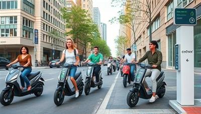 A vibrant city street scene featuring electric scooters zipping by, with happy commuters easily swapping batteries at designated stations, portraying the convenience and eco-friendliness of ScootEase Subscription.