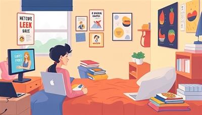 An illustration of a student in a dorm room participating in a virtual fitness coaching session, following an exercise routine guided by a fitness coach on a laptop screen, with motivational posters and healthy snacks in the background, showcasing a blend of fitness and student lifestyle.
