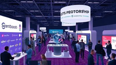 An immersive virtual event setting with interactive sponsorship booths and brand activations, showcasing sponsors' logos and promotional materials, with attendees engaging with the virtual experiences and networking opportunities, symbolizing the innovative and engaging nature of EventBoost's virtual event sponsorship marketplace.