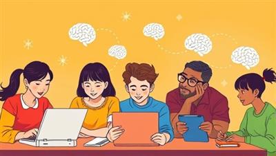 An illustration of a diverse group of students engaged in interactive online learning activities, with AI algorithms symbolized by glowing brain icons enhancing each student's experience based on their unique preferences.