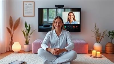 A virtual therapy session scene featuring a therapist conducting a counseling session with a client via video call, with calming visuals, relaxation aids, and therapeutic tools in the background, creating a safe and supportive environment for mental wellness support and healing.