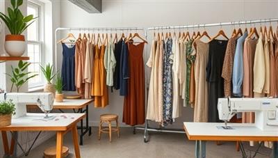 An eco-friendly fashion studio filled with sustainable fabrics, sewing machines, and custom-made pieces hanging on racks, embodying the fusion of style, sustainability, and craftsmanship in the world of custom fashion manufacturing.
