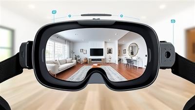 A futuristic VR headset displaying a 360-degree view of a beautifully staged living room, with interactive features like room measurement tools and furniture customization options, illustrating the immersive VR HomeView experience.