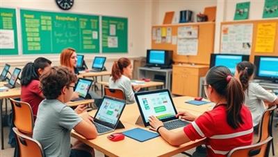An inclusive classroom setting with students using adaptive learning software on tablets and computers, with teachers providing personalized guidance and support, creating a supportive and interactive learning environment for students with special education needs.