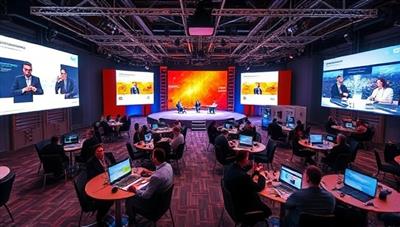 An immersive virtual event setup featuring a dynamic online conference with multiple virtual stages, interactive booths, and engaging speaker sessions, showcasing the versatility and creativity of EventVirtuoso's virtual event planning services.