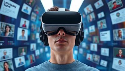 A person wearing a virtual reality headset immersed in a language learning environment, surrounded by virtual language tutors and interactive vocabulary exercises, illustrating the futuristic and engaging aspect of LingoVR.