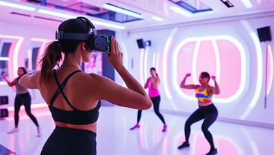 An energetic virtual fitness class led by an instructor in a futuristic VR environment, with participants following along and tracking their progress in real time, showcasing an innovative approach to home workouts.