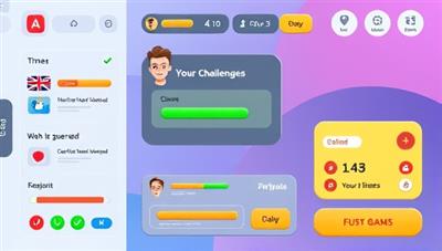 An animated image of a language learning app interface with colorful game elements, progress bars, and virtual rewards, showcasing a user navigating through language challenges with excitement and enthusiasm.