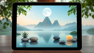 A tranquil digital oasis featuring serene nature scenes, calming meditation spaces, and wellness activities on a virtual retreat platform, with soothing sounds and relaxation elements displayed on a tablet screen, creating a peaceful and rejuvenating ambiance for participants to unwind and recharge.