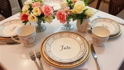 A beautifully set dining table featuring personalized ceramic plates, mugs, and bowls with intricate designs and names, surrounded by fresh flowers and elegant silverware, creating a charming and personalized dining experience.