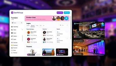 A dynamic online platform interface showcasing the EventVirtuoso dashboard with event planning tools, vendor listings, and virtual venue options, illustrating the comprehensive and user-friendly nature of the virtual event planning platform.