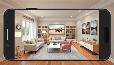 An AR visualization of a living room with virtual furniture overlays, color palette options, and design elements projected onto an empty space, showcasing the transformative power of ARchitect Home's design consultation service.