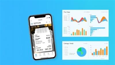 A smartphone displaying the ExpenseTrack Auto app, capturing a receipt and automatically categorizing the expense, with colorful graphs and charts illustrating expense trends and analysis, promoting efficiency and accuracy in expense tracking.