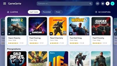 An AI-powered interface displaying customized game recommendations based on a user's gaming history and preferences, with visually appealing game covers and personalized ratings, showcasing the convenience and accuracy of GameGenie AI's recommendations.