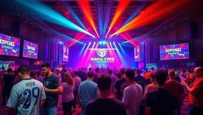 An energetic visual of a professionally organized gaming event with vibrant lighting, stage setups, and enthusiastic participants engaging in esports competitions and gaming activities, highlighting the excitement and scale of the gaming event planning service.