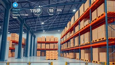 An illustration of a warehouse with interconnected sensors and devices, displaying real-time data on inventory levels and space utilization, showcasing the efficiency and modernity of SmartBox Warehousing.