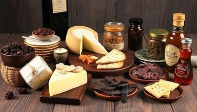 A delectable image of an array of gourmet food items elegantly displayed on a rustic wooden table, including artisanal cheeses, charcuterie, chocolates, and exotic condiments, inviting subscribers to embark on a culinary journey of flavors and textures.