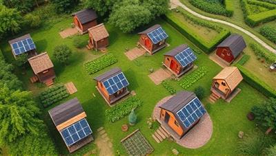 Aerial view of a lush green landscape dotted with charming tiny homes, surrounded by solar panels and community gardens, illustrating a sustainable and harmonious living environment.