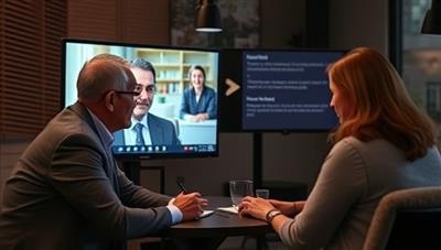 An engaging virtual mentorship session with a seasoned telecommunication professional providing guidance and advice to a mentee through a video call, surrounded by virtual networking events and skill-building resources, showcasing the platform's commitment to fostering growth and development in the industry.