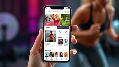 A sleek and modern smartphone showing a fitness app interface with workout videos, progress tracking, and nutrition tips, set against a vibrant workout background to convey energy and motivation.