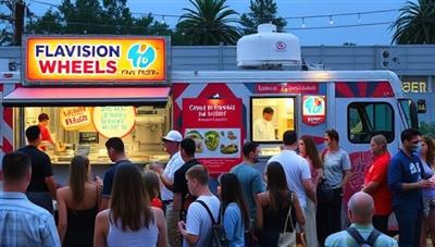 A dynamic food truck setup with colorful signage, interactive cooking stations, a live chef demo area, and a diverse crowd of customers sampling fusion street food dishes and engaging in hands-on food experiences, creating a vibrant and bustling food truck scene that embodies the concept of FlavorFusion Wheels.