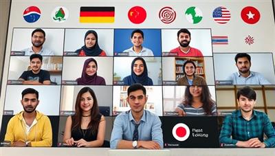 An engaging virtual language exchange session where participants from different cultures converse and practice languages through video calls, with digital language resources and cultural symbols displayed in the background, fostering a vibrant and inclusive learning atmosphere.
