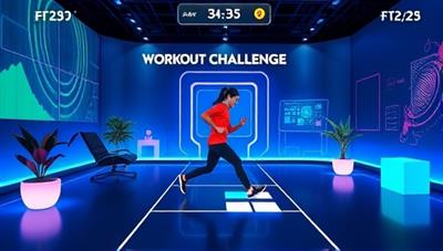 An engaging visual representation of a gamer completing a workout challenge in a virtual environment, earning points and rewards while exercising, showcasing the interactive and motivating aspects of the fitness app.