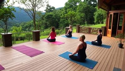 An idyllic wellness retreat setting with lush greenery, tranquil surroundings, yoga mats laid out on a wooden deck, and individuals practicing yoga and meditation, capturing the essence of peace and rejuvenation at TranquilHaven Escapes.