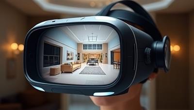 A futuristic VR headset displaying a virtual property tour with a user experiencing a lifelike walkthrough of a luxurious home, highlighting the immersive and interactive nature of the technology.