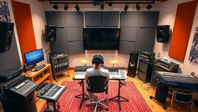An interactive music studio setup with virtual instruments, recording equipment, and a diverse group of musicians collaborating online in real-time, creating a harmonious and dynamic music creation environment for users to explore and enjoy.