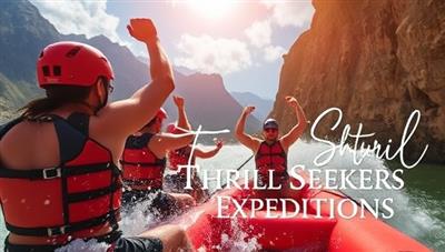 An exhilarating image of a group of adventurers engaging in a thrilling activity, such as white-water rafting or rock climbing, captured in a stunning natural landscape, evoking the spirit of adventure and exploration offered by Thrill Seeker Expeditions.
