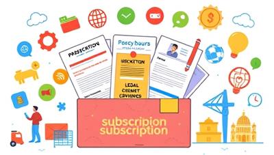 A colorful and engaging subscription box filled with legal documents, guides, and compliance tools, surrounded by icons representing different industries, showcasing the diversity and utility of the service.