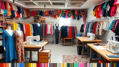 A vibrant fashion studio filled with colorful fabric scraps, sewing machines, and designers creating upcycled clothing pieces, illustrating the creativity and sustainability of transforming discarded textiles into fashionable apparel.