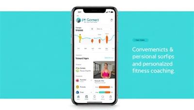 A smartphone displaying the FitConnect Pro app interface with workout plans, progress tracking features, and a virtual session in progress, showcasing convenience and personalized fitness coaching.