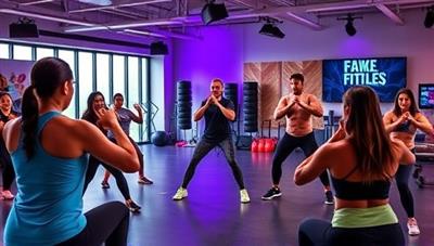 An energetic and dynamic virtual fitness class scene featuring a diverse group of participants engaging in a workout session led by a virtual trainer, with motivational music, exercise equipment, and wellness visuals in the background, illustrating the vibrant and engaging atmosphere of FitFusion's online fitness challenges and training programs.